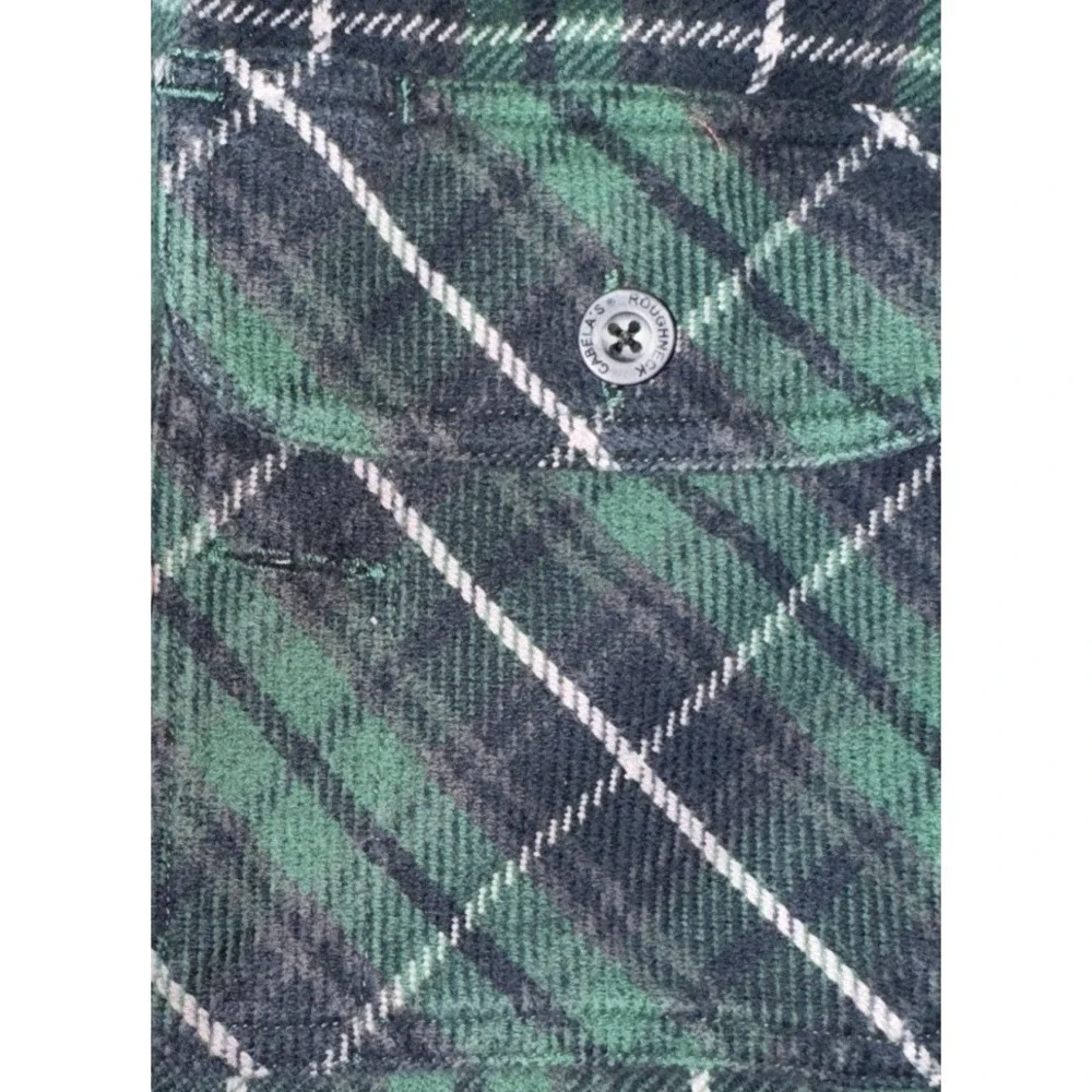 Cabelas Fleece Heavy Plaid Button Down Shirt Men Sz Large Green Black Pen Holder